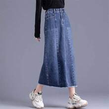 Jeans de cintura alta, faldas largas acampanadas para mujer, con abertura y agujeros de borlas, faldas, Azul, XXL - inicial - Ver 4