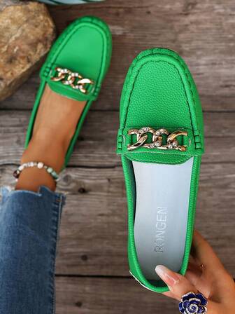 Women's Spring New Chain Loafers, Soft Leather Penny Loafers Slip-On Flat Shoes