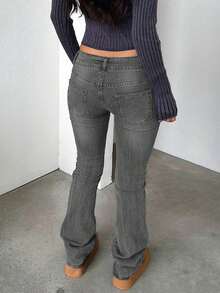 欧美Y2K街头风低腰修身喇叭牛仔裤，休闲时尚 - 深灰色 - 查看 2
