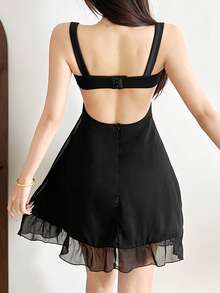 Top Dazzle Loose Fit Off Shoulder Mesh Slip Dress - Black - View 2