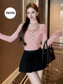 French Elegant Black Lace Long Sleeve T-Shirt, High-End Layering Top For Women, Spring - Pink - View 6