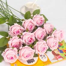 12 szt. różowych róż, sztuczne kwiaty, prawdziwe aksamitne kwiaty z łodygami, hurtowo do dekoracji domu DIY, na wesele, imprezę, walentynkowe prezenty, sztuczna róża - Różowy - Zobacz 7