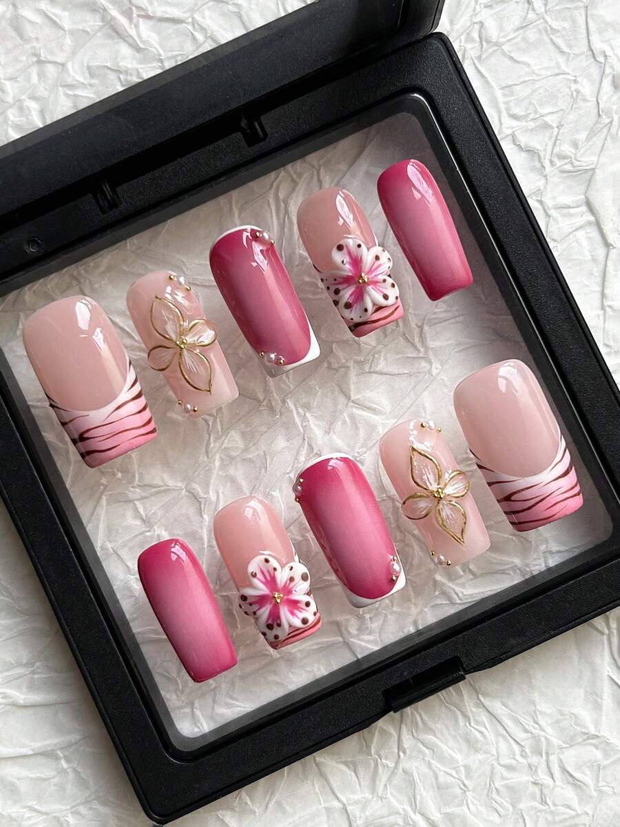 10片方形手工按压式美甲贴片，粉色全覆盖美甲贴片，3D手工雕刻花朵，白色边缘，法式豹纹，晕染美甲效果，可重复使用假指甲，适合女孩和女士日常使用、度假和舞会美甲装饰 - 粉色 - 查看 1