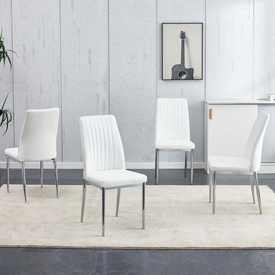 Set Of 4 White Dining Chairs: Silver Metal Legs, White PU Leather, For An Elegant Dining Room. - White - View 1