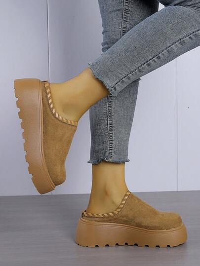 Women's Slip-On Casual Fabric Woven Platform Wedge Mule Slippers, Solid Color, Comfortable Indoor/Outdoor Wear, Suitable For Petite