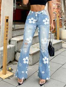 Quần jeans nữ cạp cao, túi xéo, in họa tiết hoa, rách rưới, ống loe, chất liệu co giãn, kiểu retro, thích hợp cho kỳ nghỉ, mùa xuân. - Màu xanh lam - Xem 5