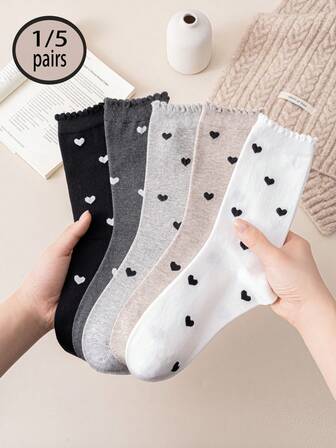 1/5 Pairs Vintage Forest Style Bubble Mouth Heart Pattern Mid-Calf Socks, Cute Ruffle Hem Crew Socks, Fashionable Thigh High Socks, Soft & Comfortable For Daily, Casual, Commute, Workout, Party, Gift, Suitable For All Seasons