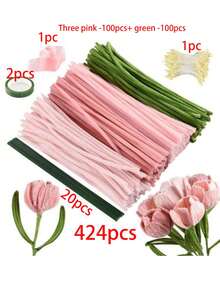 400/525pcs Floral Craft Supplies, Bulk Chenille Stems, Craft Set For DIY Flower Bouquet Packaging Party Decoration (Pink)