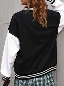 1件少女长袖棒球外套，春秋季学生休闲装 - 黑色 - 查看 2