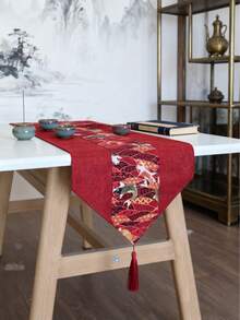 1件中国新年优雅红色桌旗，带流苏，锦鲤图案，传统中式提花织锦桌布，适用于餐厅、派对、节日家居装饰、厨房装饰、春季餐桌装饰 - 彩色 - 查看 8