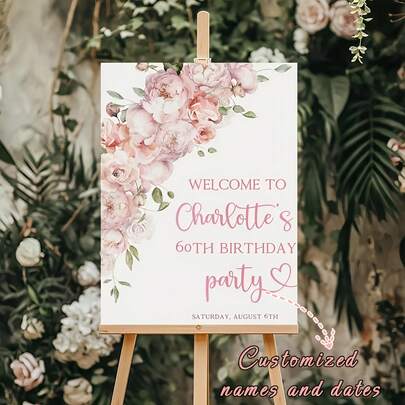 Personalized Pink Floral Birthday Poster - Customizable Name And Date, Elegant Cursive Font, Pink And Green Floral Pattern - Frameless Canvas Welcome Sign, Suitable For Birthday Party Decor, Home Decor Or Gifts - Pre-Drilled Holes For Easy Hanging,Party Top ,Easy-Install