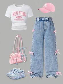 Tween Girl Letter Graphic Print Round Neck Short Sleeve Top And Denim Long Pants - White - View 1