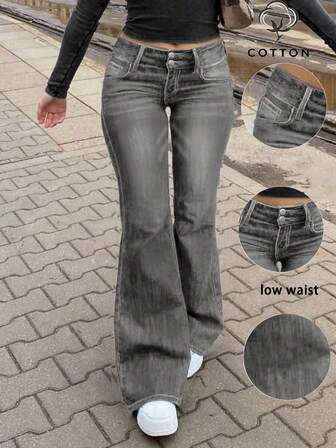 Fashionable Elegant Minimalist Women's Double-Breasted Slim Fit Flared Jeans, Slimming