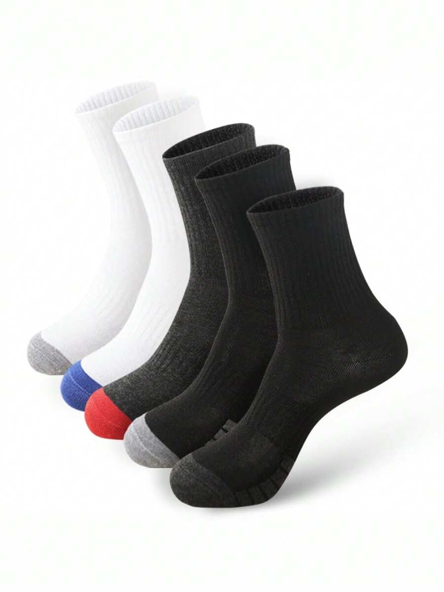 5 Pairs Men's Neutral Mid-Calf Socks, High Elasticity, Solid Black/White/Gray Simple Style Socks Suitable For Casual, Daily, And Business Wear