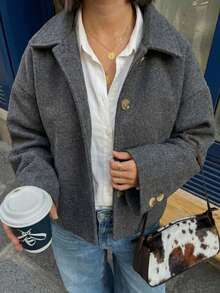 女士时尚休闲法式单排扣短款宽松领羊毛大衣 - 深灰色 - 查看 2