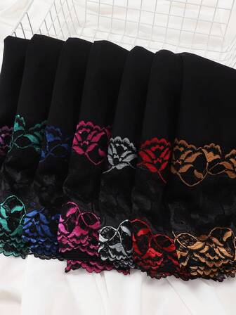 1pc Plus Size Elegant Solid Color Stretchy Lace Patchwork Chiffon Muslim Hijab