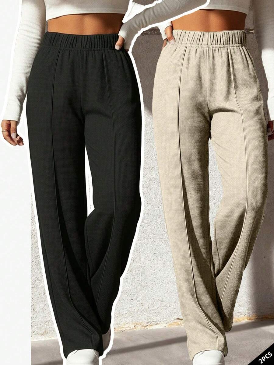 2pcs Minimalist Waffle Plaid Straight Leg Pants, Versatile For Commuting, Spring & Autumn - Black - View 1