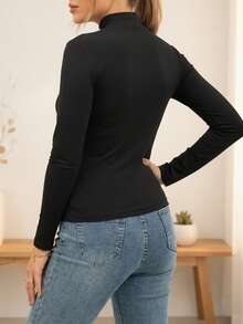 Black Maternity Long Sleeve Mock Neck Stand Collar Fitted Pleated Ruched Side T-Shirt Blouse, High Stretch Polyester Regular Length Tops For Daily Commute Casual Wear Layering - Black - View 3