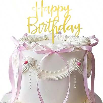Bow Cake Decorative Ribbon, Happy Birthday Cake Topper, Theme Party Vintage Cake Decor, Heart Shaped Vintage Cake (Pink)