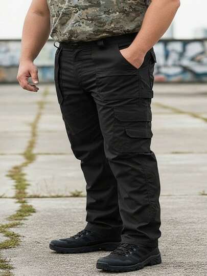 Men's Plus Size Solid Color Cargo Pants Loose Fit Multi Pockets With Reinforced Stitches Versatile Bottoms Casual Trousers For Outdoor Hiking Adventure Camping Picnic Daily Wear Work Casual Stylish Men's Bottoms