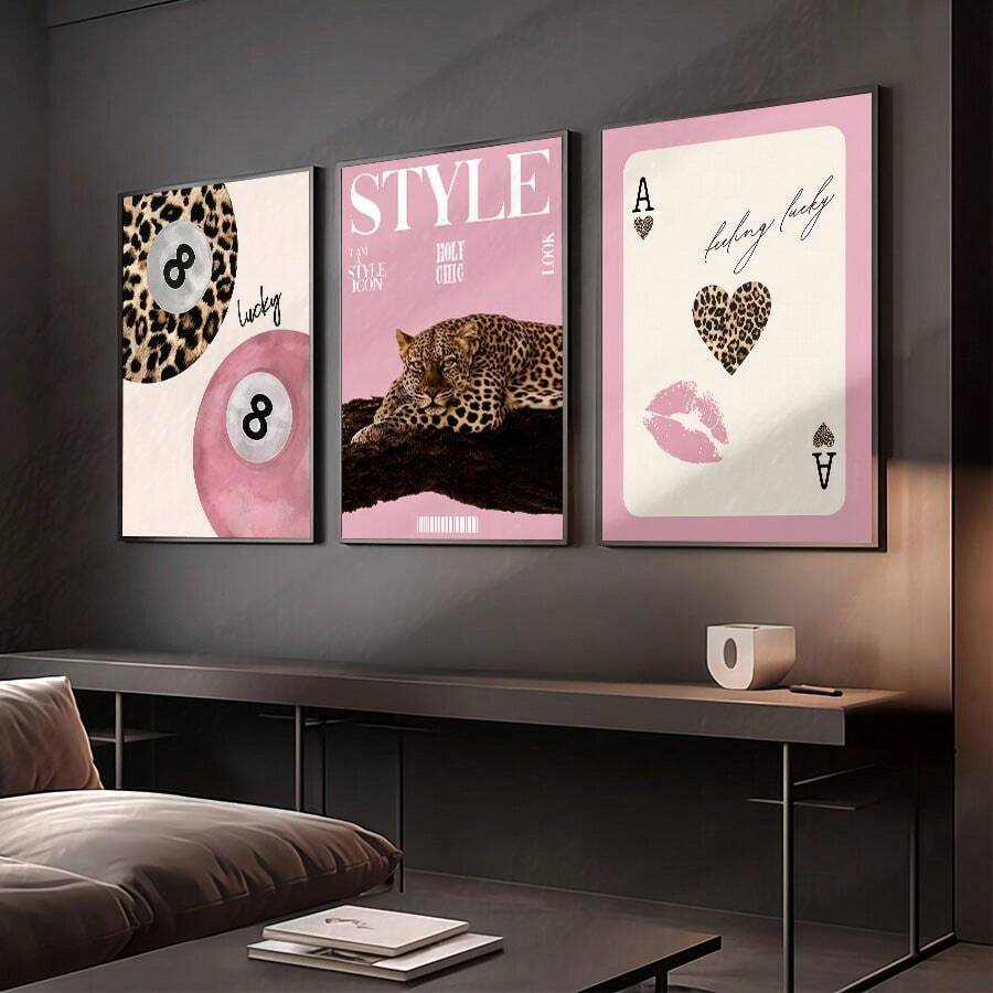 1/3 Stücke/Set Leopard Gepard Wandkunst Bilder 8 Ball Glücksbringer Drucke Leinwandbilder Rosa Girly Poster Preppy Chic Luxus Dekoration für Schlafzimmer, Wohnzimmer oder Studentenwohnheim Geschenk für sie, ohne Rahmen - Verschiedenfarbig - Übersicht 1