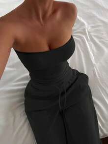 Bộ đồ mùa thu Vaiaye 2 món, áo crop top cúp ngực gợi cảm ôm sát và áo quây yoga màu trơn co giãn ôm sát, cùng quần dài màu đen thanh lịch dành cho mùa xuân/hè. - màu đen - Xem 6