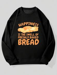 Men Casual Crew Neck Sweatshirt With Happiness Is The Smell Of Freshly Baked Bread Graphic Black Loose Fit Long Sleeve Comfortable Pullover For Casual Attire Everyday Comfort Apparel Relaxed Fit Sweatshirt Stretchy Fabric Sweatshirt Bread Clothe Hoodie For Men Sweatshirt Men - Black - View 1
