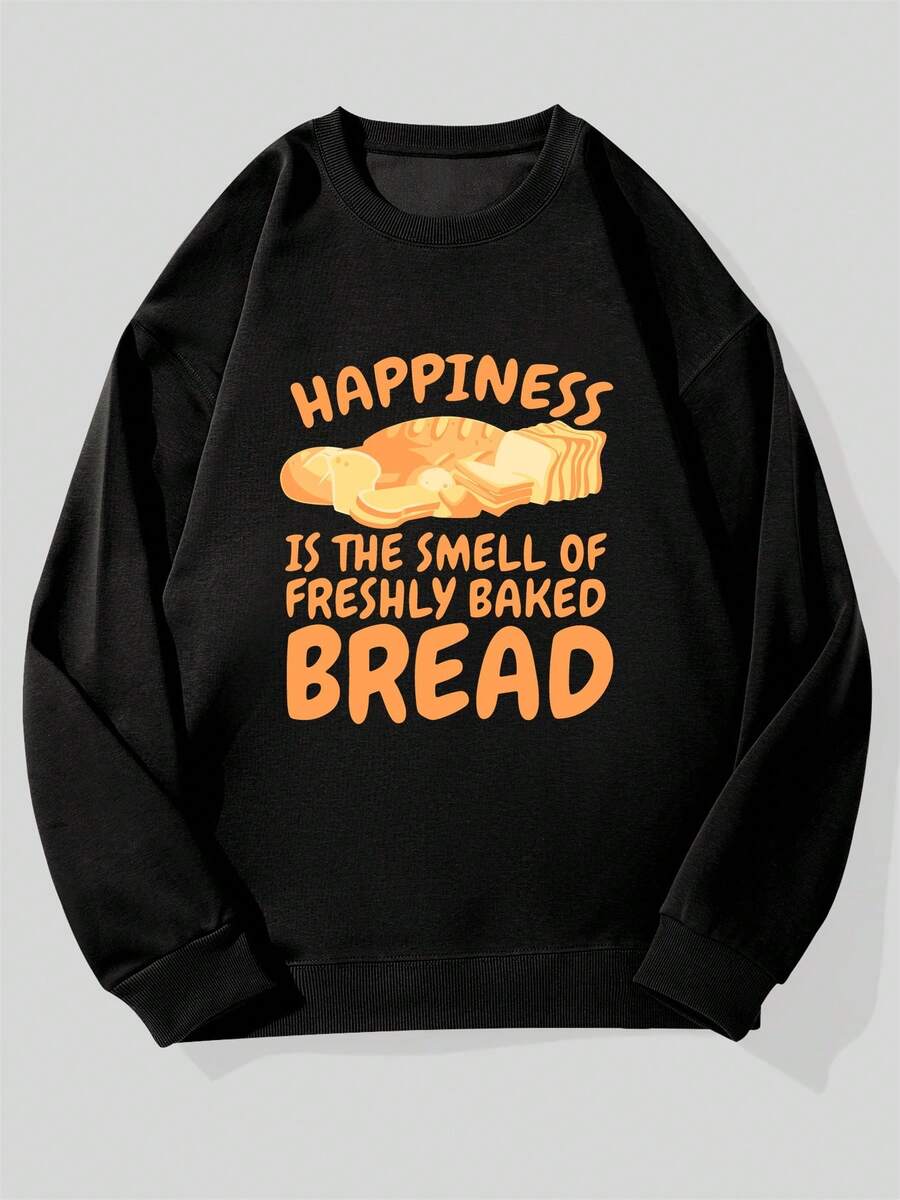 Men Casual Crew Neck Sweatshirt With Happiness Is The Smell Of Freshly Baked Bread Graphic Black Loose Fit Long Sleeve Comfortable Pullover For Casual Attire Everyday Comfort Apparel Relaxed Fit Sweatshirt Stretchy Fabric Sweatshirt Bread Clothe Hoodie For Men Sweatshirt Men - Black - View 1