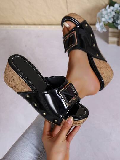 2026 New Glossy Faux Leather Metal Square Buckle Rivet Decor Cork Wedge Mule Slides, Comfortable Versatile Casual/Vacation Thick Sole Sandals
