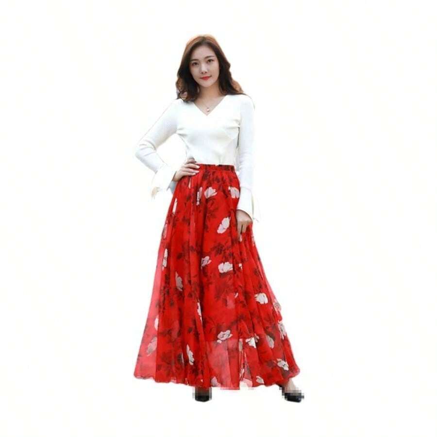 Falda bohemia floral de cintura alta para mujer, Rojo -, XL - inicial - Ver 1
