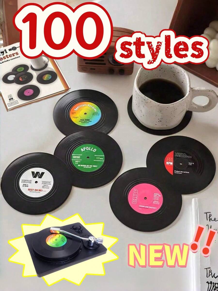 6 buc suporturi de pahare retro din vinil - suporturi antiderapante rezistente la căldură, potrivite pentru decorul bucătăriei și sufrageriei, cel mai bun cadou pentru ziua de naștere și absolvire - Multicolor - Vizualizare 1