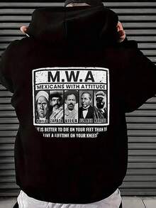 1 Sudadera de Tienda Local para Hombre con Capucha Gruesa y Estampado de Morelos, Zapata, Juárez y Marcos, Estampado de Patrón Blanco y Negro de 260G, Impresión de Alta Calidad, Corte Holgado Básico, Adecuada para Hombres y Mujeres, Versátil, Lavable a Máquina, Mantiene el Cálido, Cómoda, Tallas S a XL, Ropa Deportiva Casual Diaria, Esencial para Otoño e Invierno. - Negro - Ver 2