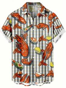 Men'S ShirtsPatterned ShirtsHawaiian ShirtsRoll-Neck Shirts Fun Lobsters Stripe Prints Outdoor, Street, Short Sleeves, Printed Button-Up Clothing, Fashion Designers, Casual And Breathable - 彩色 - 查看 2