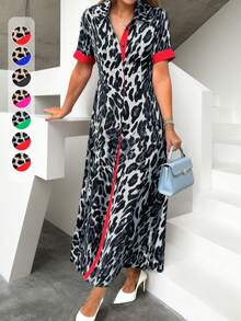 Vestido de manga corta para mujer con estampado de leopardo y contraste de color, para primavera/verano - Gris - Ver 2