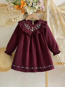 Embroidered Young Girl Dress, Ruffle Collar Design With Delicate Embroidery, Long Sleeve Loose Dress, Suitable For Daily Outing/Outdoor Leisure Holiday/Princess Style, Spring/Autumn - Burgundy - View 2