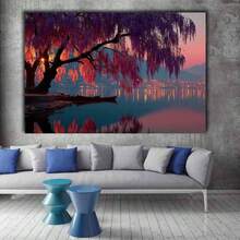 [2D Flat Canvas Wall Art]  Large Canvas Art  1Pc Framed Ready To Hang 2D Flat Purple Tree & Boats Lake Canvas Wall Art, Prints, Posters, Mural, Wall Decor, Room Decor Aesthetic, Wrapped Framed Canvas Print, Home Decor, Living Room Office Decor, Canvas Artwork For, Canvas Decorative Painting - Cozy Lake Sunset Scene, Warm Modern Style, Brings Comfort To Interiors, Suitable For Living Room, Bedroom, Kitchen, Perfect For Adults Who Enjoy Relaxing, Colorful Decor  Canvas Wrapped Inner Frame - Màu tím - Xem 2