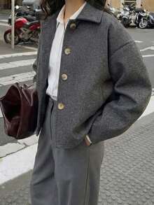 女士时尚休闲法式单排扣短款宽松领羊毛大衣 - 深灰色 - 查看 4