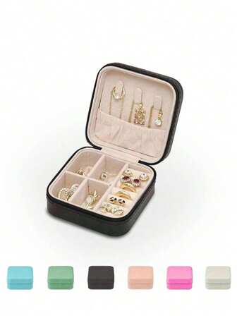 1 pieza Organizador de joyas mini portátil con cremallera, estuche de viaje para guardar aretes, collares y anillos, caja de almacenamiento de joyas de cuero