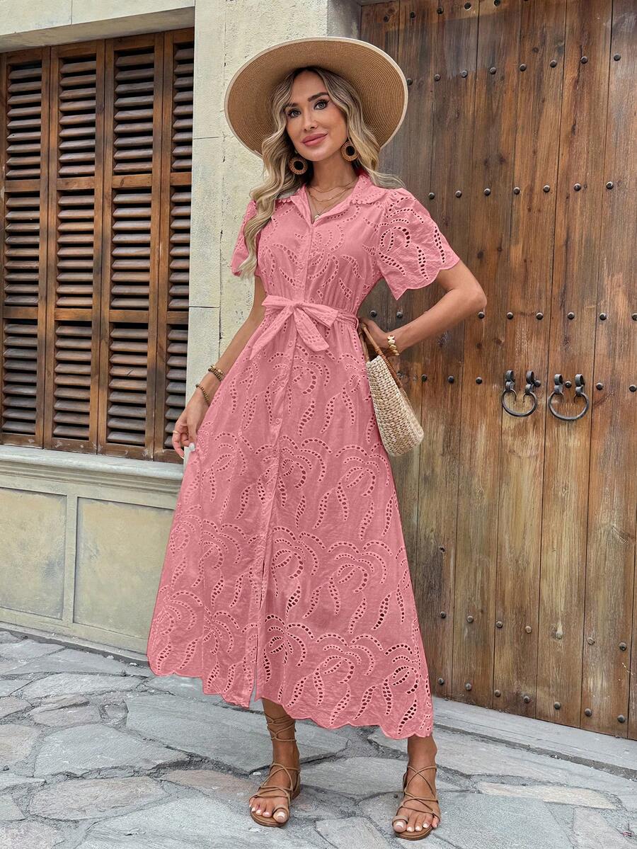 Elegant Long Lined Dress For New Year's Eve, Evangelical Fashion, Short Sleeves, Button Closure, Tie Belt With Elastic Waist - Hồng - Xem 1