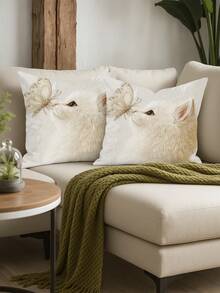 2件套白色猫咪蝴蝶刺绣风格抱枕套，乡村风格装饰靠垫套，适用于节日派对、家居沙发、客厅、卧室、床、沙发和椅子（不含枕芯） - 白色 - 查看 4