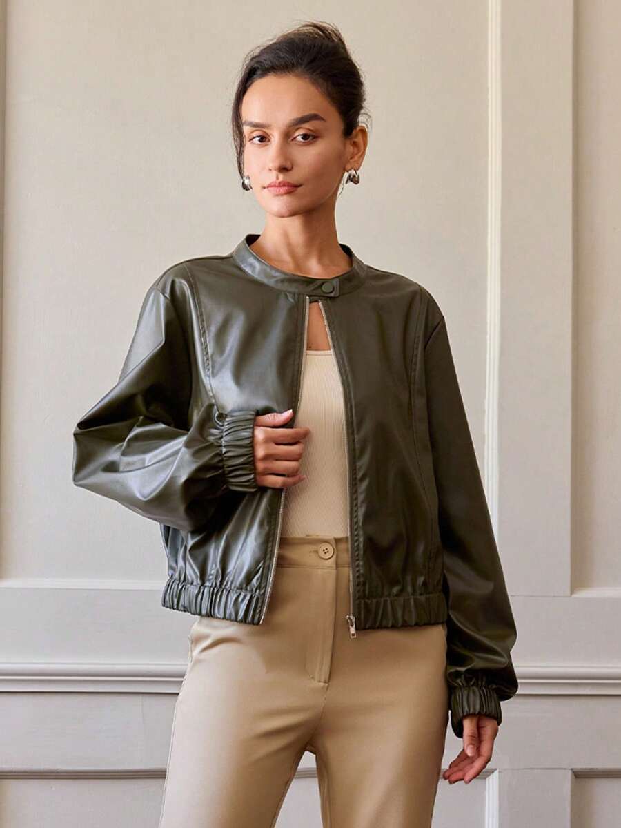 Damen Lederjacke Einfarbig mit Reißverschluss