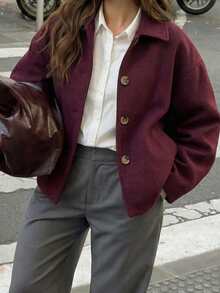 女士时尚休闲法式设计单排扣短款宽领羊毛大衣 - 酒紅色 - 查看 2