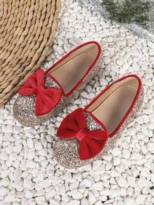 1 Pair Girls' Red Bow Decor Slip-On Flat Princess Shoes, Suitable For All Seasons - Red - View 2