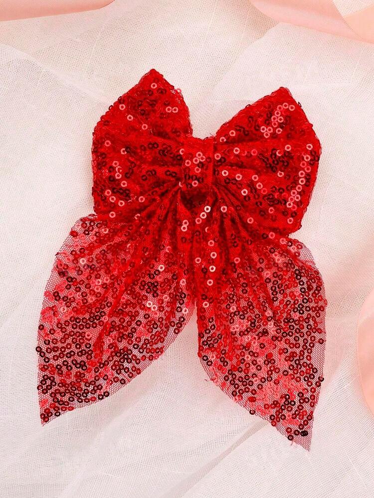 1pc Girls' Red Sequin Bow Ribbon Decor Hair Clip - Red - View 6