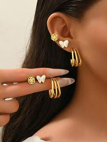 6pcs/Set Elegant Minimalist Stainless Steel Hoop Earrings Set