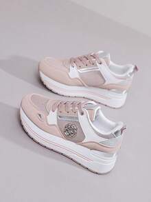 AMEIRATE Gentle Style Versatile Casual Sports Shoes, Round Toe Lace-Up Retro Metal Buckle Design, Comfortable Breathable Platform Height-Increasing Shoes - Pink - View 12