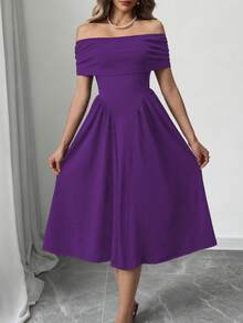 女士优雅派对、约会、婚礼、正式晚宴荷叶边露肩夏季纯色晚会长裙