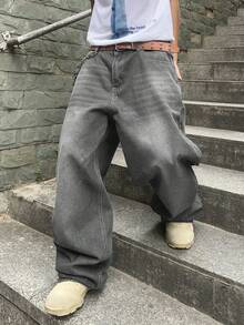 Straight Leg Non-Stretch Denim Jeans, Washed Cotton Fabric Wide Leg Y2K Fashion Loose Jeans, Casual Street Style