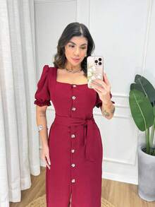 Long, Plain Dress With Buttons And Belt - Puff Sleeves - Elegant Style With Elastic. - Burgundy - View 3