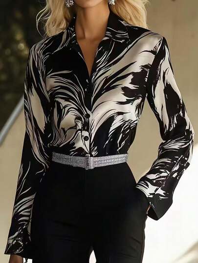 Elegant Casual Long Sleeve Black & White Ink Painting Pattern Shirt